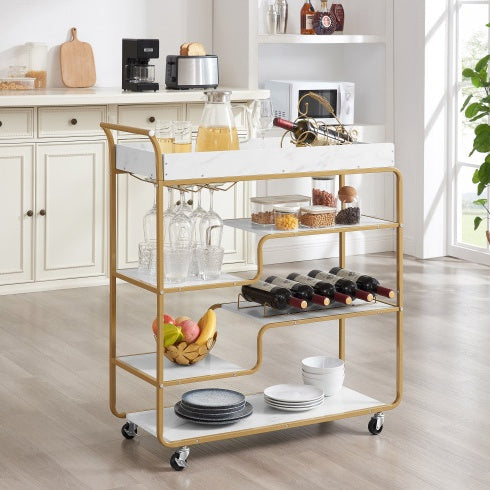 6-Tier Bar Cart, Slide Bar Serving Cart, Retro Style