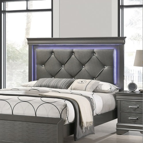 Dark Gray Faux Leather Tufted Bed frame LED