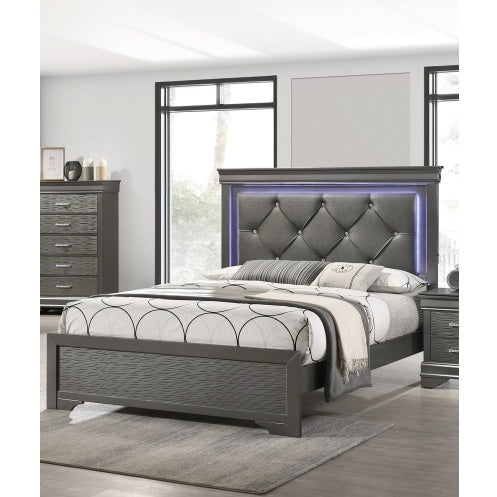 Dark Gray Faux Leather Tufted Bed frame LED