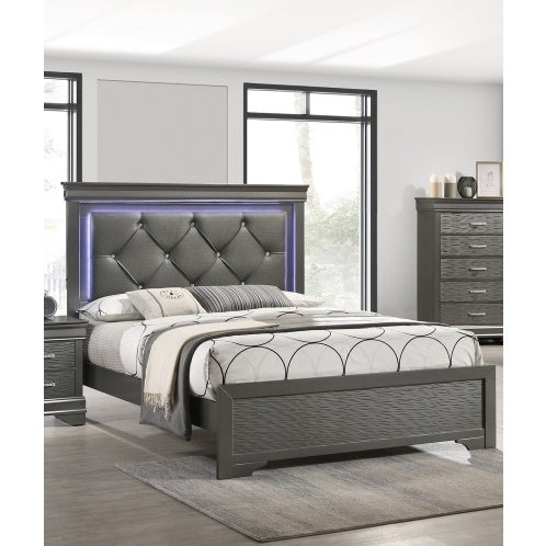 Dark Gray Faux Leather Tufted Bed frame LED