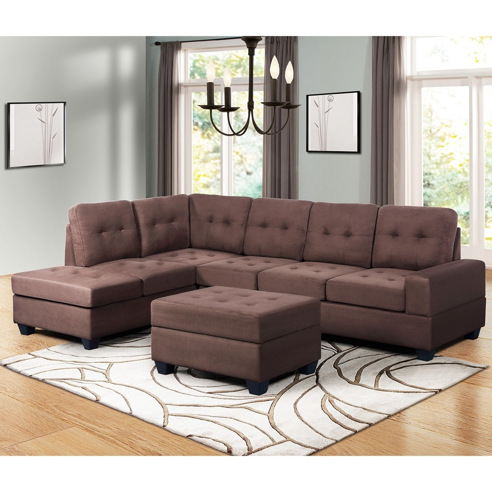 3 PCS Sectional Sofa Microfiber with Reversible Chaise Lounge Storage Ottoman and Cup Holders